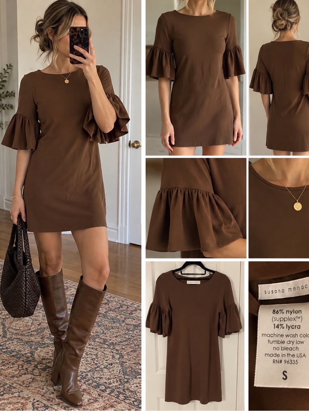 Susana Monaco Brown Ruffle Bell Sleeve Mini Dress S Supplex Lycra Made USA